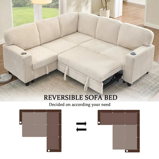 L-Shaped Sectional Sofa Bed with Pull-Out Bed & Storage, 5-Seat Sleeper Couch with USB Charging, Convertible Design for Living Room, Apartment, Corduroy Fabric, Beige Default -DTYStore