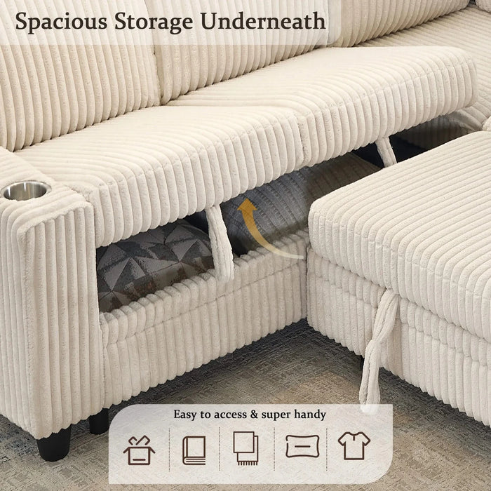 L-Shaped Sectional Sofa Bed with Pull-Out Bed & Storage, 5-Seat Sleeper Couch with USB Charging, Convertible Design for Living Room, Apartment, Corduroy Fabric, Beige Default -DTYStore