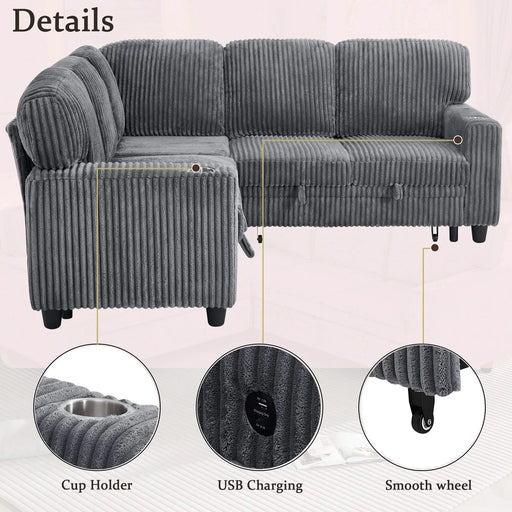 L-Shaped Sectional Sofa Bed with Pull-Out Bed & Storage, 5-Seat Sleeper Couch with USB Charging, Convertible Design for Living Room, Apartment, Corduroy Fabric, Grey -DTYStore