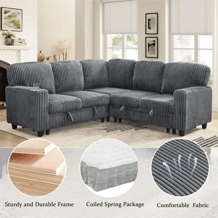 L-Shaped Sectional Sofa Bed with Pull-Out Bed & Storage, 5-Seat Sleeper Couch with USB Charging, Convertible Design for Living Room, Apartment, Corduroy Fabric, Grey -DTYStore