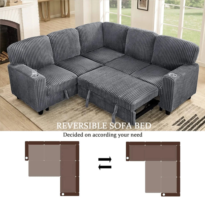 L-Shaped Sectional Sofa Bed with Pull-Out Bed & Storage, 5-Seat Sleeper Couch with USB Charging, Convertible Design for Living Room, Apartment, Corduroy Fabric, Grey -DTYStore