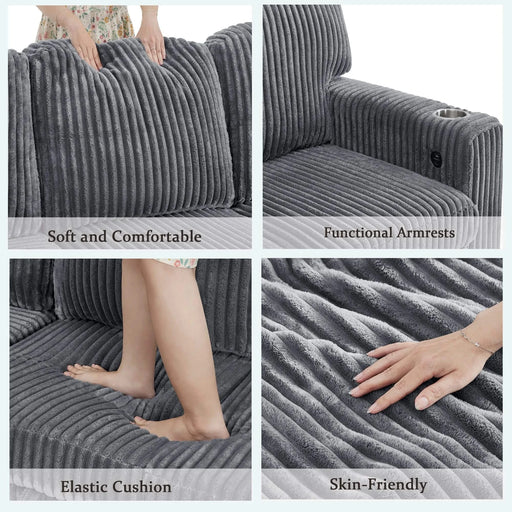 L-Shaped Sectional Sofa Bed with Pull-Out Bed & Storage, 5-Seat Sleeper Couch with USB Charging, Convertible Design for Living Room, Apartment, Corduroy Fabric, Grey -DTYStore