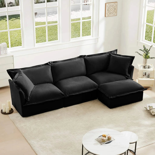L-Shaped Slipcovered Sectional Sofa Couch, Comfy Chenille Deep Seat Cloud Couch with Convertible Ottoman & 2 Big Pillows, Modern Oversized 3 Seater Slipcovered Sofa Set for Living Room Office Black -DTYStore