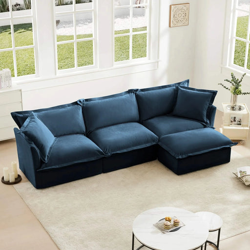 L-Shaped Slipcovered Sectional Sofa Couch, Comfy Chenille Deep Seat Cloud Couch with Convertible Ottoman & 2 Big Pillows, Modern Oversized 3 Seater Slipcovered Sofa Set for Living Room Office Blue -DTYStore