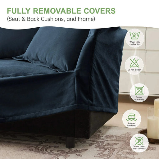 L-Shaped Slipcovered Sectional Sofa Couch, Comfy Chenille Deep Seat Cloud Couch with Convertible Ottoman & 2 Big Pillows, Modern Oversized 3 Seater Slipcovered Sofa Set for Living Room Office Blue -DTYStore