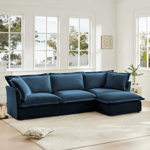 L-Shaped Slipcovered Sectional Sofa Couch, Comfy Chenille Deep Seat Cloud Couch with Convertible Ottoman & 2 Big Pillows, Modern Oversized 3 Seater Slipcovered Sofa Set for Living Room Office Blue -DTYStore