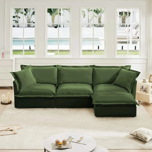 L-Shaped Slipcovered Sectional Sofa Couch, Comfy Chenille Deep Seat Cloud Couch with Convertible Ottoman & 2 Big Pillows, Modern Oversized 3 Seater Slipcovered Sofa Set for Living Room Office Green -DTYStore