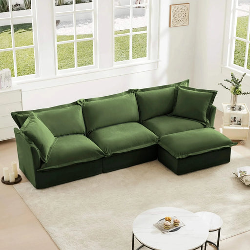 L-Shaped Slipcovered Sectional Sofa Couch, Comfy Chenille Deep Seat Cloud Couch with Convertible Ottoman & 2 Big Pillows, Modern Oversized 3 Seater Slipcovered Sofa Set for Living Room Office Green -DTYStore