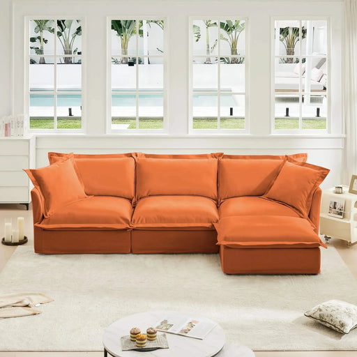 L-Shaped Slipcovered Sectional Sofa Couch, Comfy Chenille Deep Seat Cloud Couch with Convertible Ottoman & 2 Big Pillows, Modern Oversized 3 Seater Slipcovered Sofa Set for Living Room Office Orange -DTYStore
