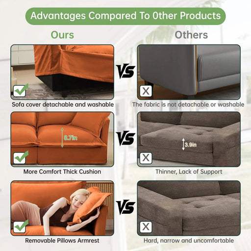 L-Shaped Slipcovered Sectional Sofa Couch, Comfy Chenille Deep Seat Cloud Couch with Convertible Ottoman & 2 Big Pillows, Modern Oversized 3 Seater Slipcovered Sofa Set for Living Room Office Orange -DTYStore