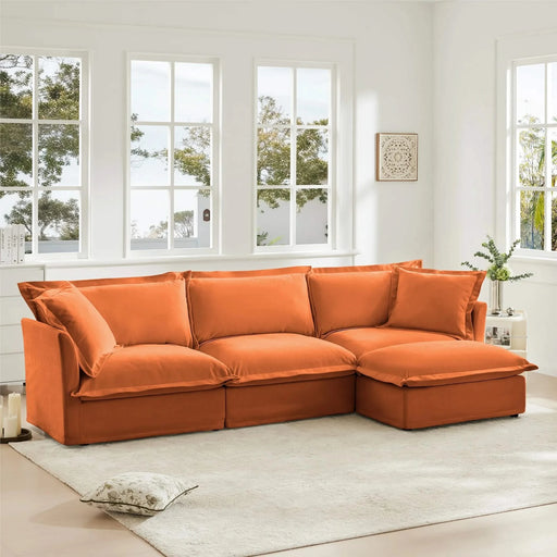 L-Shaped Slipcovered Sectional Sofa Couch, Comfy Chenille Deep Seat Cloud Couch with Convertible Ottoman & 2 Big Pillows, Modern Oversized 3 Seater Slipcovered Sofa Set for Living Room Office Orange -DTYStore