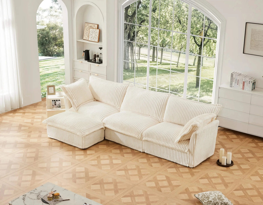 L-Shaped Slipcovered Sectional Sofa Couch, Comfy Deep Seat Cloud Couch with Convertible Ottoman & 2 Big Pillows, Modern Oversized 3 Seater Slipcovered Sofa Set for Living Room Office, Cream Corduroy Default -DTYStore