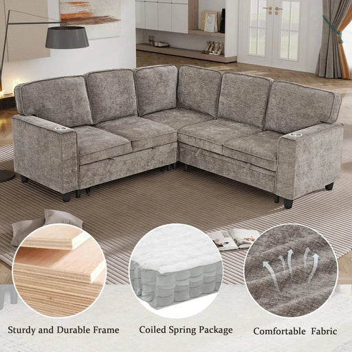 L-Shaped Sofa with Pull Out Sofa Bed, Sleeper Sofa Couch Bed with Storage Seat, 5 Seat Sectional Sofa Bed with USB, Sectional Sofa Couch for Living Room, Apartment, Light Brown Default -DTYStore