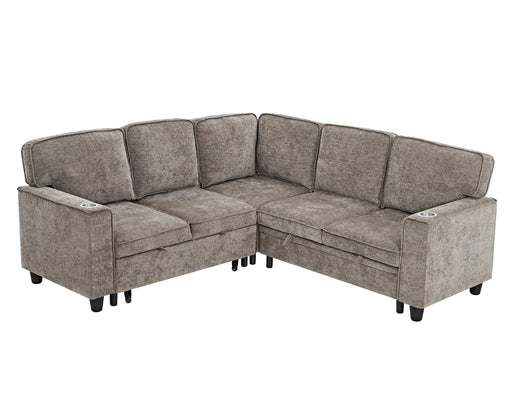 L-Shaped Sofa with Pull Out Sofa Bed, Sleeper Sofa Couch Bed with Storage Seat, 5 Seat Sectional Sofa Bed with USB, Sectional Sofa Couch for Living Room, Apartment, Light Brown Default -DTYStore