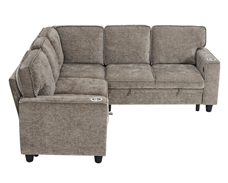 L-Shaped Sofa with Pull Out Sofa Bed, Sleeper Sofa Couch Bed with Storage Seat, 5 Seat Sectional Sofa Bed with USB, Sectional Sofa Couch for Living Room, Apartment, Light Brown Default -DTYStore