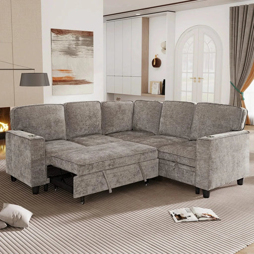 L-Shaped Sofa with Pull Out Sofa Bed, Sleeper Sofa Couch Bed with Storage Seat, 5 Seat Sectional Sofa Bed with USB, Sectional Sofa Couch for Living Room, Apartment, Light Brown Default -DTYStore