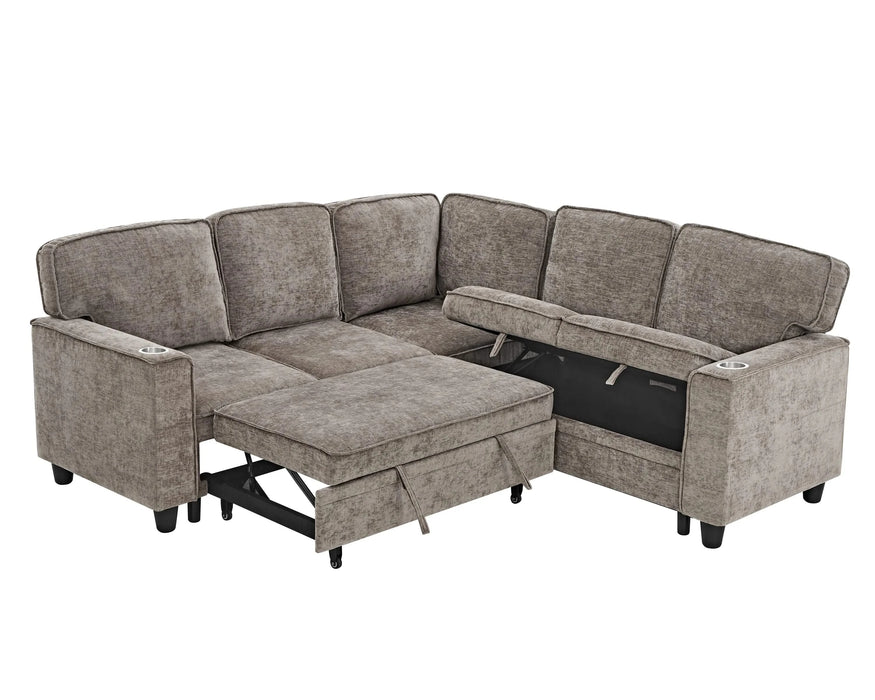 L-Shaped Sofa with Pull Out Sofa Bed, Sleeper Sofa Couch Bed with Storage Seat, 5 Seat Sectional Sofa Bed with USB, Sectional Sofa Couch for Living Room, Apartment, Light Brown Default -DTYStore