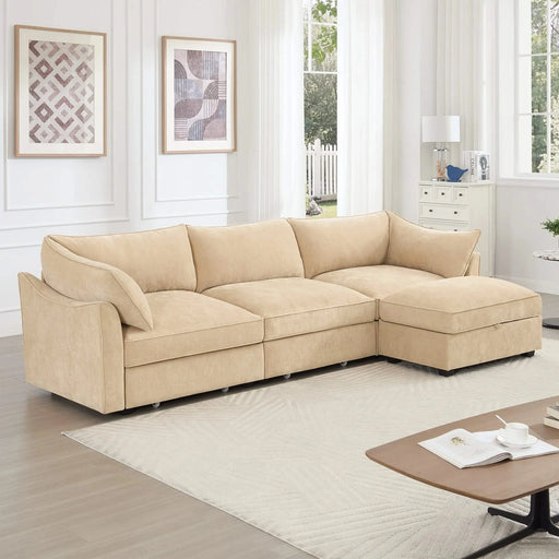 L-shaped 3-seater modular sofa, with 1 movable footstool, crescent-shaped armrests, and wraparound back and arm cushions, chenille fabric, wheat colour. Default -DTYStore