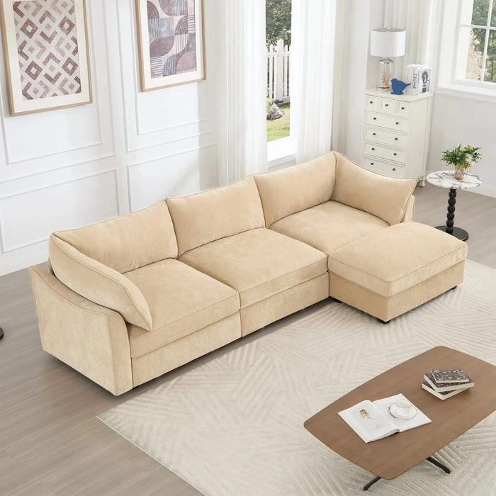 L-shaped 3-seater modular sofa, with 1 movable footstool, crescent-shaped armrests, and wraparound back and arm cushions, chenille fabric, wheat colour. Default -DTYStore