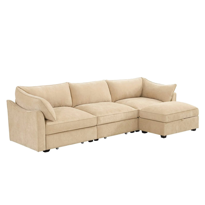 L-shaped 3-seater modular sofa, with 1 movable footstool, crescent-shaped armrests, and wraparound back and arm cushions, chenille fabric, wheat colour. Default -DTYStore