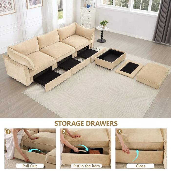 L-shaped 3-seater modular sofa, with 1 movable footstool, crescent-shaped armrests, and wraparound back and arm cushions, chenille fabric, wheat colour. Default -DTYStore