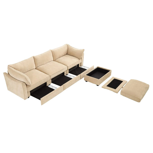 L-shaped 3-seater modular sofa, with 1 movable footstool, crescent-shaped armrests, and wraparound back and arm cushions, chenille fabric, wheat colour. Default -DTYStore