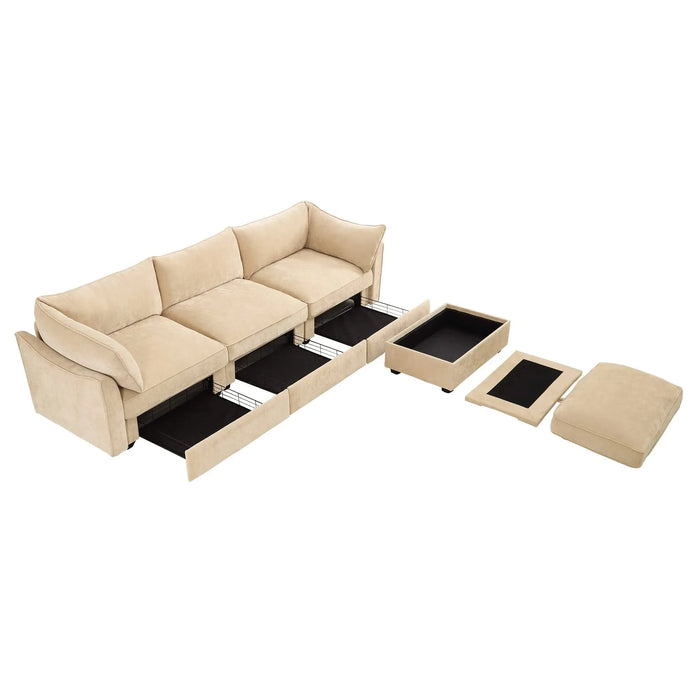 L-shaped 3-seater modular sofa, with 1 movable footstool, crescent-shaped armrests, and wraparound back and arm cushions, chenille fabric, wheat colour. Default -DTYStore