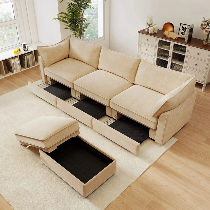 L-shaped 3-seater modular sofa, with 1 movable footstool, crescent-shaped armrests, and wraparound back and arm cushions, chenille fabric, wheat colour. Default -DTYStore