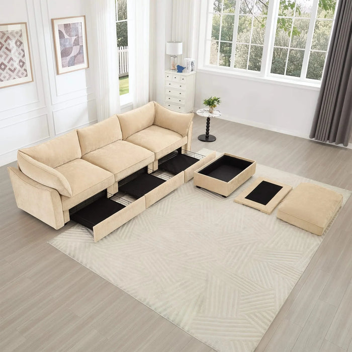 L-shaped 3-seater modular sofa, with 1 movable footstool, crescent-shaped armrests, and wraparound back and arm cushions, chenille fabric, wheat colour. Default -DTYStore