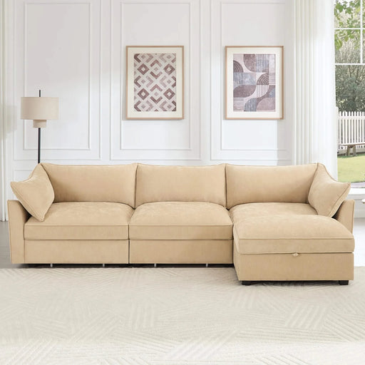 L-shaped 3-seater modular sofa, with 1 movable footstool, crescent-shaped armrests, and wraparound back and arm cushions, chenille fabric, wheat colour. Default -DTYStore