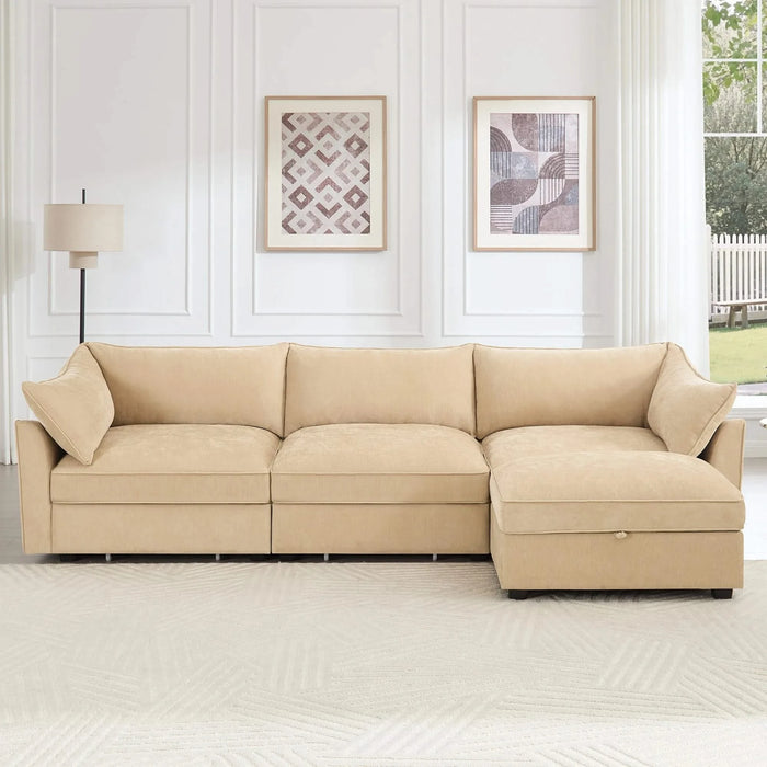 L-shaped 3-seater modular sofa, with 1 movable footstool, crescent-shaped armrests, and wraparound back and arm cushions, chenille fabric, wheat colour. Default -DTYStore