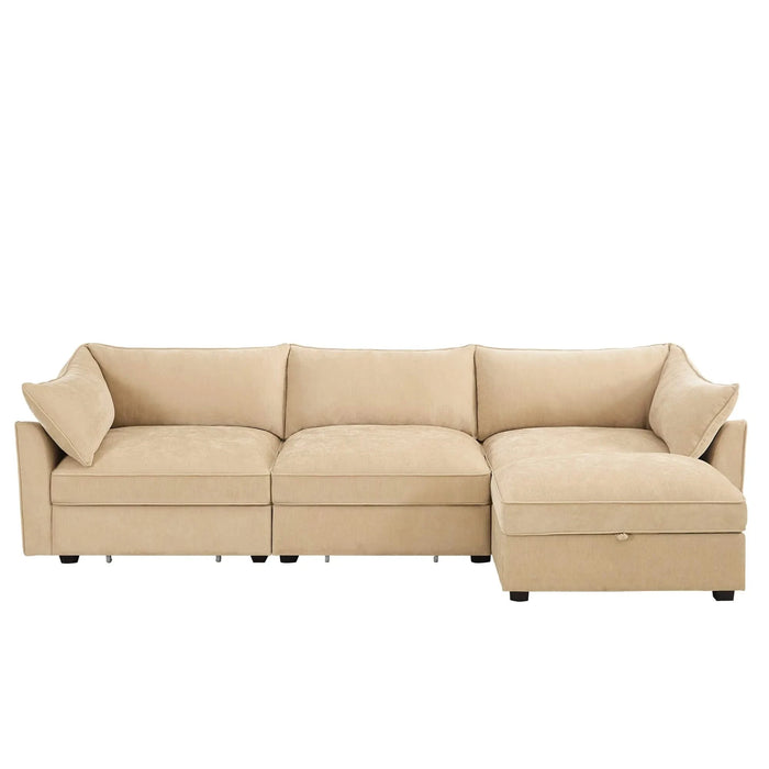 L-shaped 3-seater modular sofa, with 1 movable footstool, crescent-shaped armrests, and wraparound back and arm cushions, chenille fabric, wheat colour. Default -DTYStore