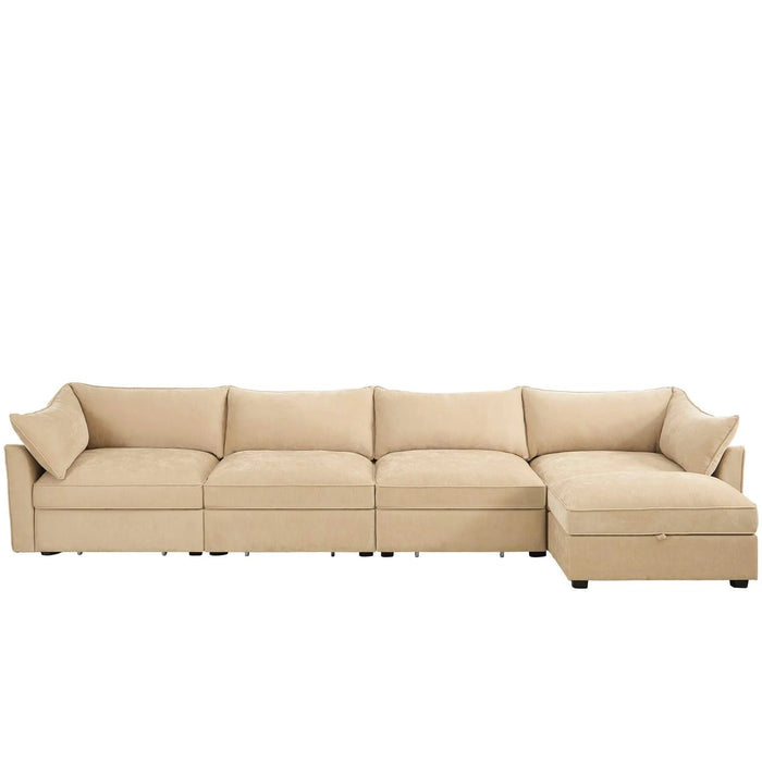 L-shaped 4-seater modular sofa, with 1 movable footstool, crescent-shaped armrests, and wraparound back and arm cushions, plus a pull-out storage drawer under each seat, chenille fabric, wheat colour. Default -DTYStore