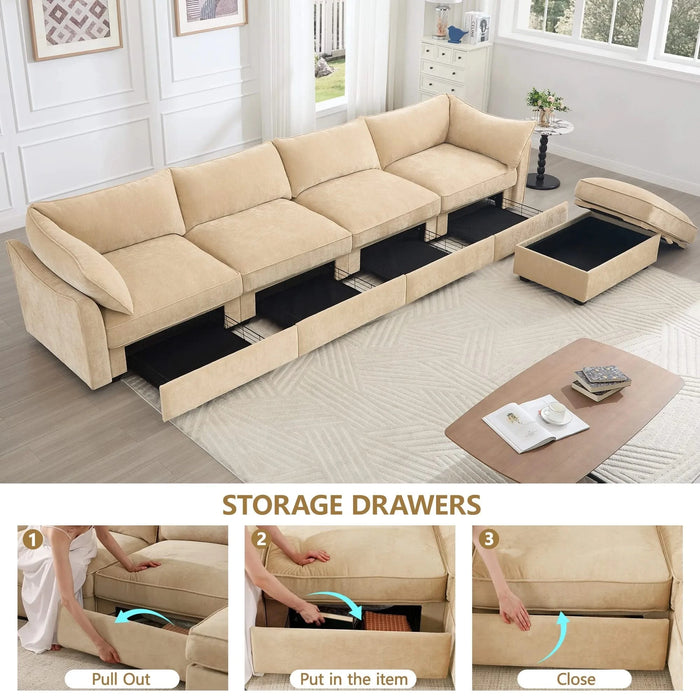 L-shaped 4-seater modular sofa, with 1 movable footstool, crescent-shaped armrests, and wraparound back and arm cushions, plus a pull-out storage drawer under each seat, chenille fabric, wheat colour. Default -DTYStore