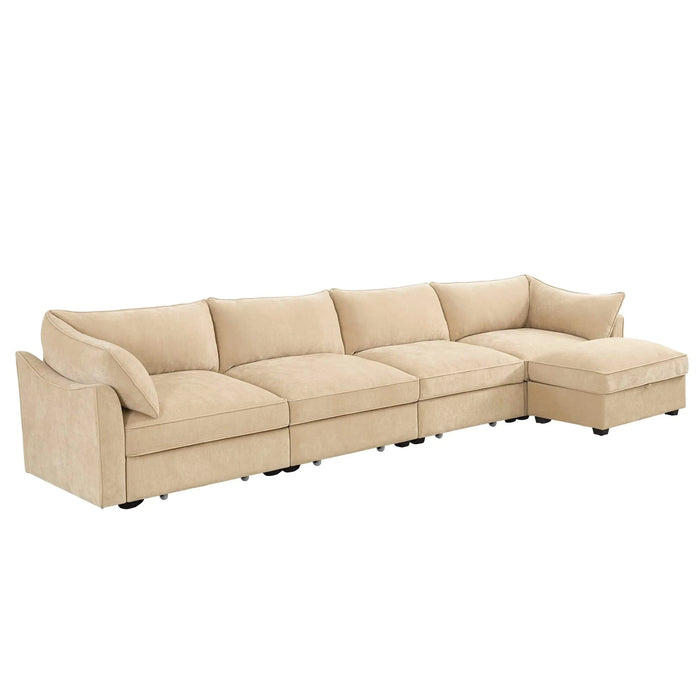 L-shaped 4-seater modular sofa, with 1 movable footstool, crescent-shaped armrests, and wraparound back and arm cushions, plus a pull-out storage drawer under each seat, chenille fabric, wheat colour. Default -DTYStore