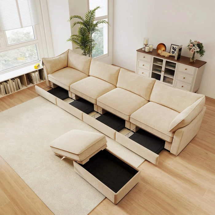 L-shaped 4-seater modular sofa, with 1 movable footstool, crescent-shaped armrests, and wraparound back and arm cushions, plus a pull-out storage drawer under each seat, chenille fabric, wheat colour. Default -DTYStore