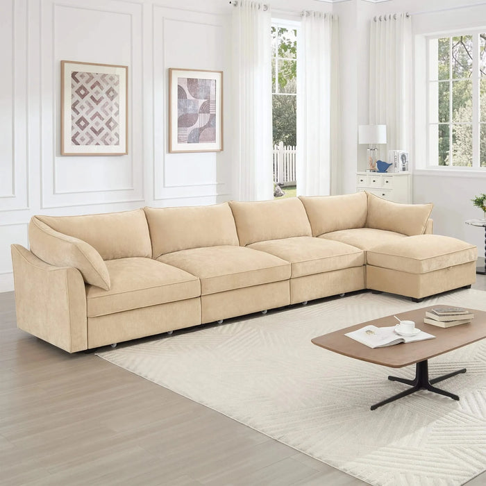 L-shaped 4-seater modular sofa, with 1 movable footstool, crescent-shaped armrests, and wraparound back and arm cushions, plus a pull-out storage drawer under each seat, chenille fabric, wheat colour. Default -DTYStore