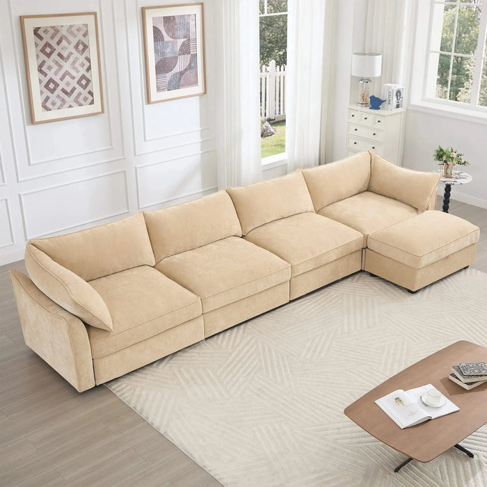 L-shaped 4-seater modular sofa, with 1 movable footstool, crescent-shaped armrests, and wraparound back and arm cushions, plus a pull-out storage drawer under each seat, chenille fabric, wheat colour. Default -DTYStore