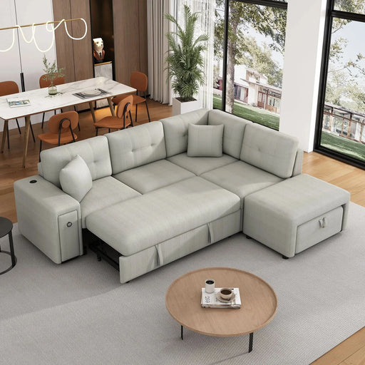 L-shaped Sectional Sofa with Pull-out Bed, Movable Ottoman, USB Ports, Cup Holders, Gray Chenille, 86.6' Default -DTYStore