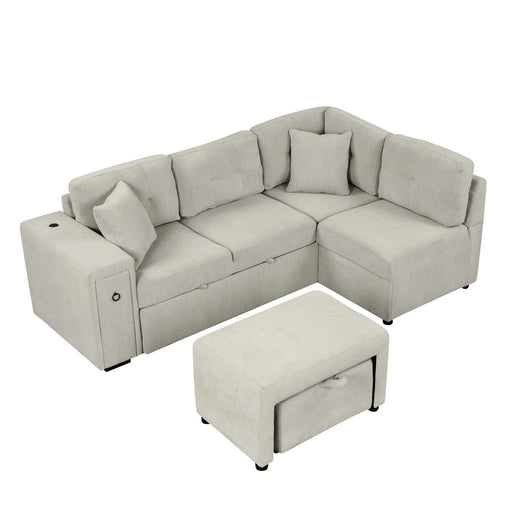 L-shaped Sectional Sofa with Pull-out Bed, Movable Ottoman, USB Ports, Cup Holders, Gray Chenille, 86.6' Default -DTYStore