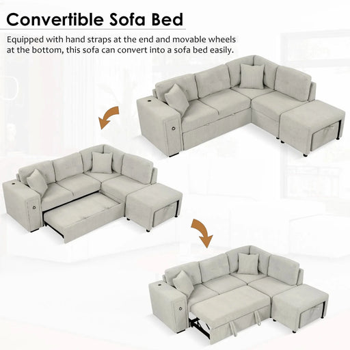 L-shaped Sectional Sofa with Pull-out Bed, Movable Ottoman, USB Ports, Cup Holders, Gray Chenille, 86.6' Default -DTYStore