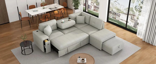L-shaped Sectional Sofa with Pull-out Bed, Movable Ottoman, USB Ports, Cup Holders, Gray Chenille, 86.6' Default -DTYStore