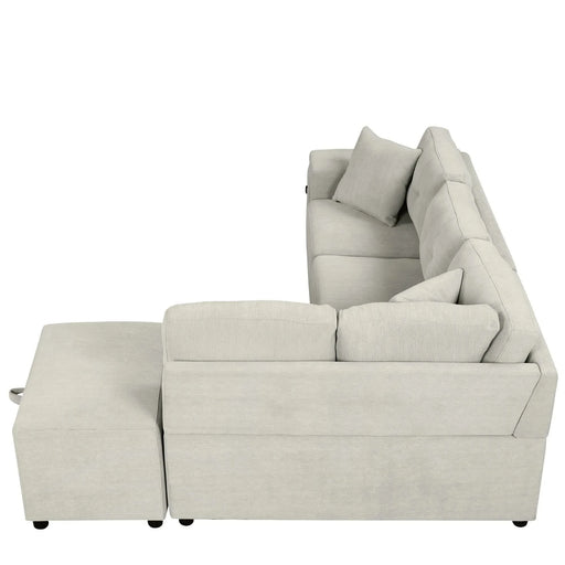 L-shaped Sectional Sofa with Pull-out Bed, Movable Ottoman, USB Ports, Cup Holders, Gray Chenille, 86.6' Default -DTYStore