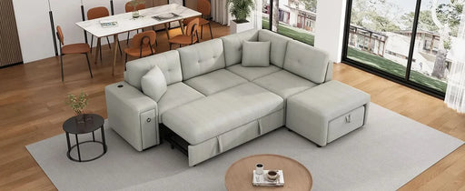 L-shaped Sectional Sofa with Pull-out Bed, Movable Ottoman, USB Ports, Cup Holders, Gray Chenille, 86.6' Default -DTYStore