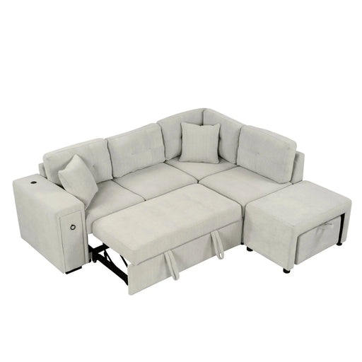 L-shaped Sectional Sofa with Pull-out Bed, Movable Ottoman, USB Ports, Cup Holders, Gray Chenille, 86.6' Default -DTYStore