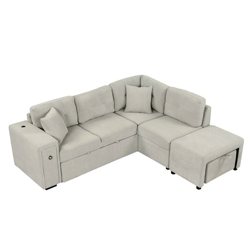 L-shaped Sectional Sofa with Pull-out Bed, Movable Ottoman, USB Ports, Cup Holders, Gray Chenille, 86.6' Default -DTYStore