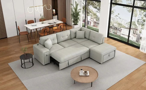 L-shaped Sectional Sofa with Pull-out Bed, Movable Ottoman, USB Ports, Cup Holders, Gray Chenille, 86.6' Default -DTYStore