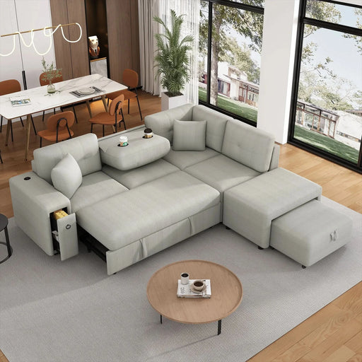 L-shaped Sectional Sofa with Pull-out Bed, Movable Ottoman, USB Ports, Cup Holders, Gray Chenille, 86.6' Default -DTYStore
