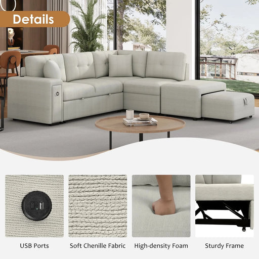 L-shaped Sectional Sofa with Pull-out Bed, Movable Ottoman, USB Ports, Cup Holders, Gray Chenille, 86.6' Default -DTYStore