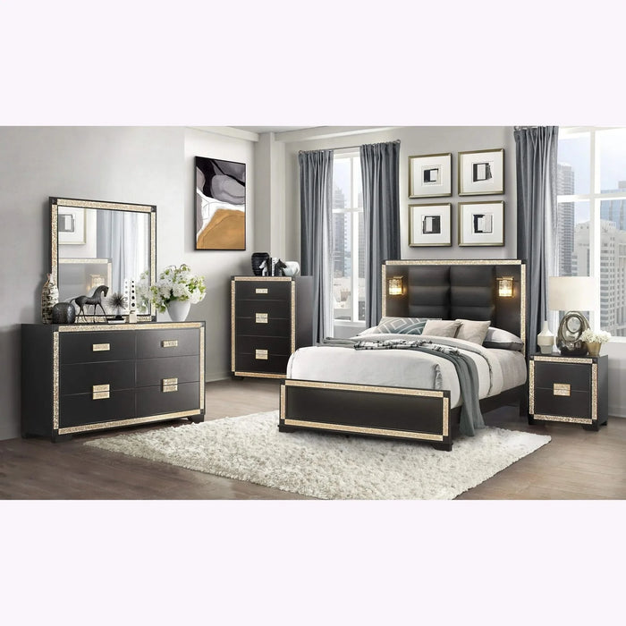 LIVELY Black/Gold Full Bedroom Set with Glitter Detail and Padded Headboard Default -DTYStore